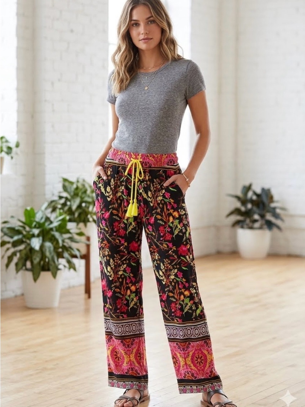 paparazzi Black Floral Wide-Leg Pants with Yellow Drawstring